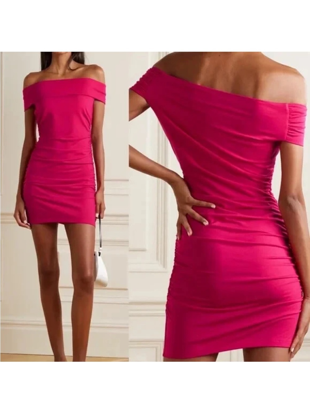 Reformation Raydon Dress Off Shoulder Rouched Large Corvette Hot Pink New